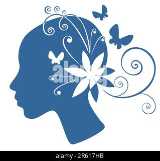 Pretty woman  portrait with  flowers pattern isolated on a  white background. Stock Vector