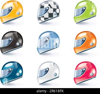 Set of the shiny racing helmets icons Stock Vector