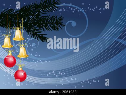 Christmas balls and bells on the blue background, download full scalable vector graphic Stock Vector