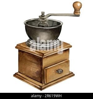 watercolor manual coffee mull, hand drawn illustration of retro style kitchen utensils, wooden coffee grinder, sketch for menu isolated on white ba Stock Photo