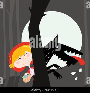 Little red riding hood with hungry wolf in dark forest. Vector Illustration. Stock Vector