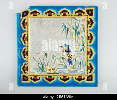 Antique 19th century Aesthetic Movement Jules Vieillard of Bordeaux enamelled kingfisher pottery tile Stock Photo