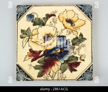 Antique 1890s Henry Richards Victorian transfer printed and hand coloured anemone pottery tile Stock Photo