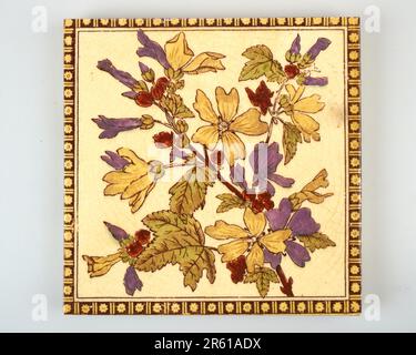 Antique 1890s Victorian hand coloured transfer printed purple and yellow mallow pottery Stock Photo