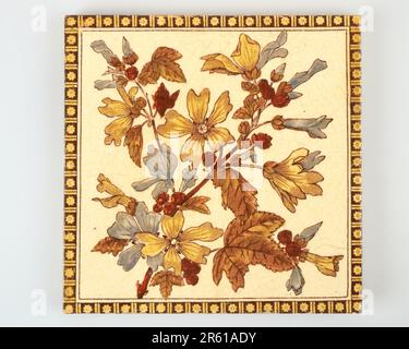 Antique 1890s Victorian hand coloured transfer printed purple and yellow mallow pottery Stock Photo