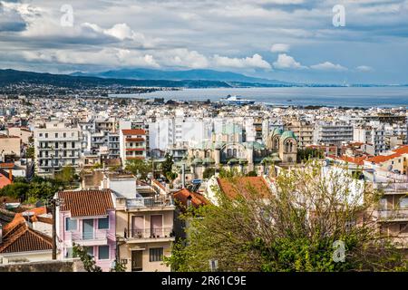 City of Patra, Gulf of Patra, Kefalonia island in dist, Pantokrator Church in center, view from Patras Fortress, Peloponnese peninsula, Greece Stock Photo