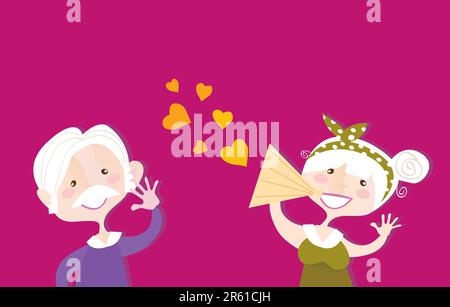 Grandmother and grandfather in love. Vector vintage illustration. Stock Vector