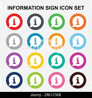 Information Sign Icon Set. Info Icon Sign. A set of 16 colored buttons. Vector illustration. Stock Vector