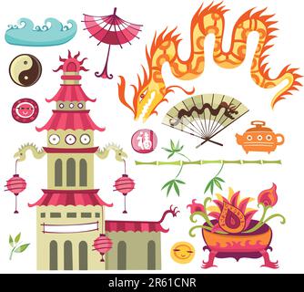 Set of Oriental elements: dragon, pagoda, teapot, umbrella, green bamboo,  yin yang symbol, cloud, sun face, female fan, vase with exotic flowers. Stock Vector