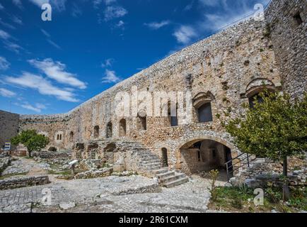 Inner courtyard at the keep, Frankish Castle of Chlemoutsi, 13th century, near village of Kastro, Peloponnese peninsula, West Greece region, Greece Stock Photo