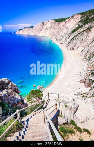 Platia Ammos, Kefalonia. one of the most beautiful beaches of Ionian Sea, Greece summer holiday landscape. Stock Photo