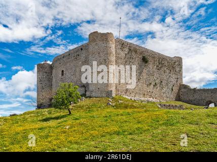 The keep seen from southern outer ward, Frankish Castle of Chlemoutsi, 13th century, near village of Kastro, Peloponnese peninsula, Greece Stock Photo