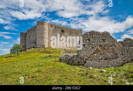 The keep seen from southern outer ward, Frankish Castle of Chlemoutsi, 13th century, near village of Kastro, Peloponnese peninsula, Greece Stock Photo