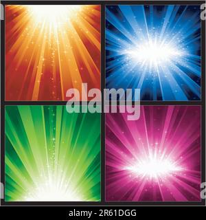 4 different light bursts with magic stars in 4 interchangeable color schemes of 7 global color swatches each. Artwork grouped and layered. Stock Vector