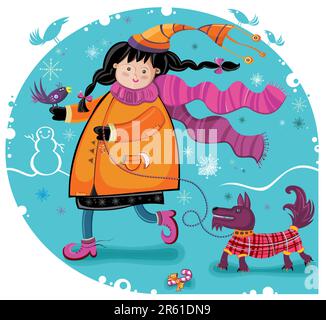 Cute girl in colorful scarf,  holding colorful winter bird, and her dog are walking at winter day. Christmas holidays. Vector illustration Stock Vector