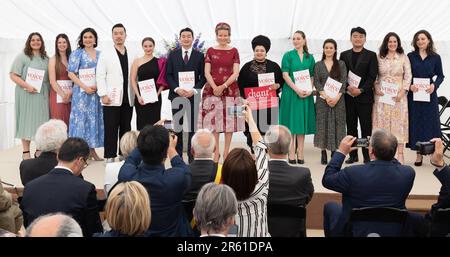 Brussels, Belgium. 06th June, 2023. Queen Mathilde of Belgium poses for a group photo during the award ceremony of the Queen Elisabeth voice Competition 2023, at the Queen Elisabeth Music chapel in Waterloo on Tuesday 06 June 2023. BELGA PHOTO BENOIT DOPPAGNE Credit: Belga News Agency/Alamy Live News