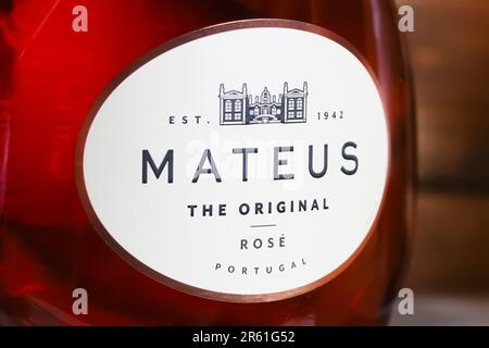 Viersen, Germany - May 9. 2023: Closeup of Mateus portuguese bottle label rose wine Stock Photo