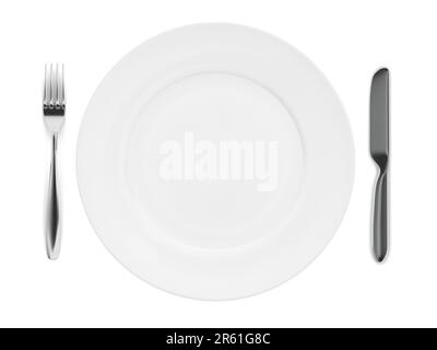 Knife, fork and plate isolated on white background. Empty dinner plate. Tableware. 3d illustration. Stock Photo