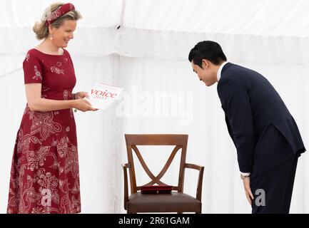 Brussels, Belgium. 06th June, 2023. Queen Mathilde of Belgium and winner Taehan Kim pictured during the award ceremony of the Queen Elisabeth voice Competition 2023, at the Queen Elisabeth Music chapel in Waterloo on Tuesday 06 June 2023. BELGA PHOTO BENOIT DOPPAGNE Credit: Belga News Agency/Alamy Live News