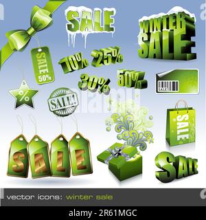 vector set of various green sale tags, stickers and threedimensional objects Stock Vector