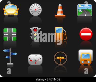 Icon set on a theme Transport and Road black background icon set Stock Vector