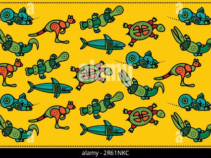 Vector pattern including ethnic Australian motive with multicolored typical animals Stock Vector