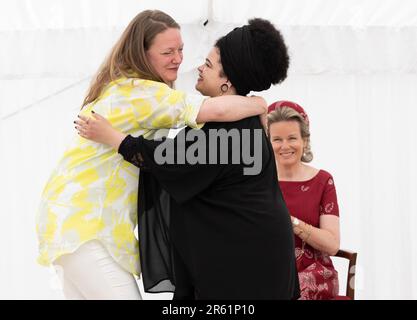 Brussels, Belgium. 06th June, 2023. Second laureate Jasmin White and Queen Mathilde of Belgium pictured during the award ceremony of the Queen Elisabeth voice Competition 2023, at the Queen Elisabeth Music chapel in Waterloo on Tuesday 06 June 2023. BELGA PHOTO BENOIT DOPPAGNE Credit: Belga News Agency/Alamy Live News