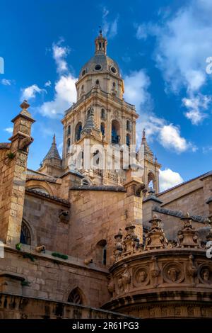 Vertical view of the south faade of the Cathedral of Santa Maria in Murcia, Spain with recognizable Renaissance and Gothic styles and the bell tower Stock Photo