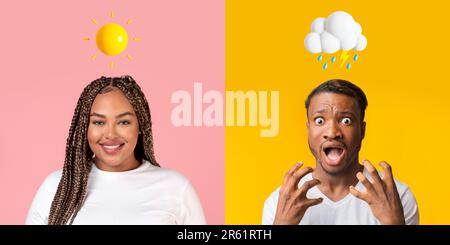 Portraits Of Black Man And Woman With Different Weather Emojis Above Head Stock Photo