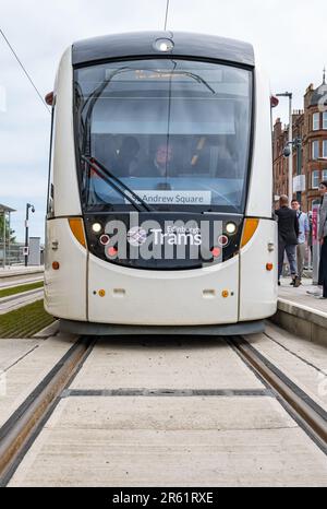 Tram stopped at Newhaven tram stop on tramline, Edinburgh trams, Scotland, UK Stock Photo