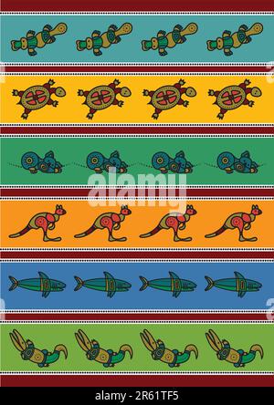 Vector pattern including ethnic Australian motive with multicolored typical animals Stock Vector