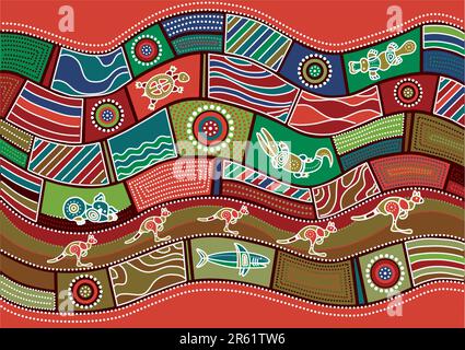Vector pattern including ethnic Australian motive with multicolored typical elements Stock Vector