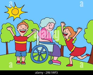 Children visit with grandma in the park. Stock Vector