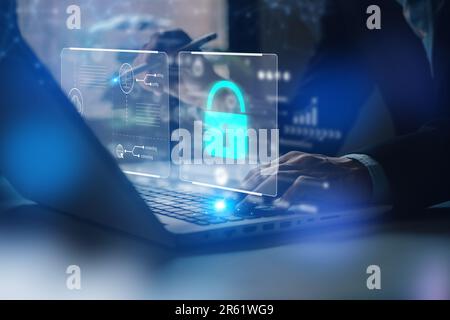 Internet security. Fingerprint scanning unlocks and access to. Username and password. User use laptop login with biometric identification, encryption Stock Photo