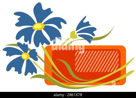 Ornate blue flowers and red frame on awhite background. Stock Vector