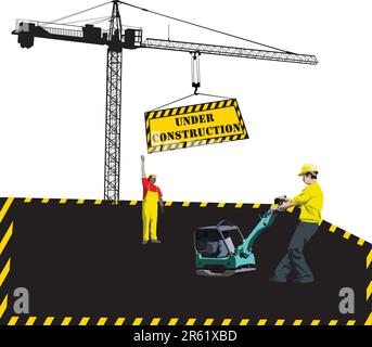 Site under construction with workers and hoisting crane Stock Vector