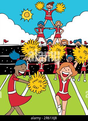 Team of cheerleaders in uniform form a pyramid at a football stadium event. Stock Vector