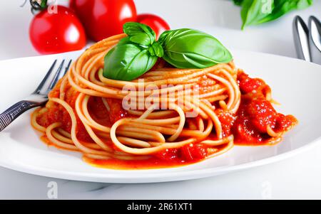 A close-up image of a plate of spaghetti pasta with a rich, red tomato sauce and fresh vegetables in the background Stock Photo