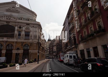 Bilbao, Spain - August 03, 2022: View of the Old town of Bilbao from the Arriaga's headquarters Stock Photo