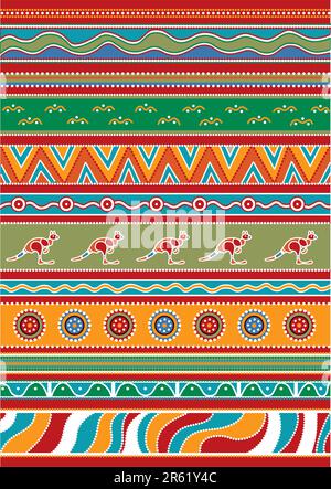 Vector patterns including ethnic Australian motive with multicolored typical elements Stock Vector