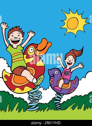 Kids playing on bouncing rides at a park. Stock Vector