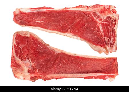 Two pieces of beef with a bone. Large pieces of beef with bone isolated on a white background. A pieces of juicy beef isolated on a white background Stock Photo