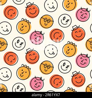 Fun Emoji Icons Seamless Pattern, Emoticon Faces Stock Vector