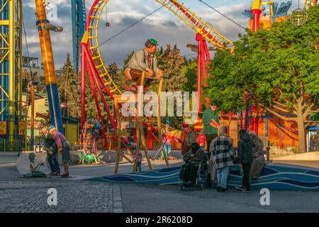 vienna, austria. 25 april 2023 unleashing the adventurous spirit unforgettable entertainment on roller coaster rides at wurstelprater amusement park i Stock Photo