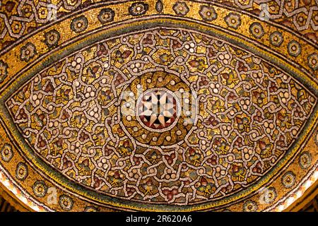 Ancient mosaic ornaments of Abraham mosque. Decors of mihrab of Abraham mosque in Hebron - Palestine. Stock Photo