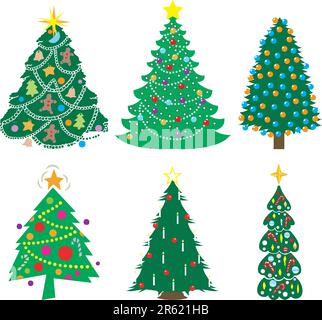 A Variety of six decorated Christmas Trees. Vector Illustration Stock Vector