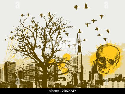 Grunge Cityscape Vector Background with Skull Stock Vector