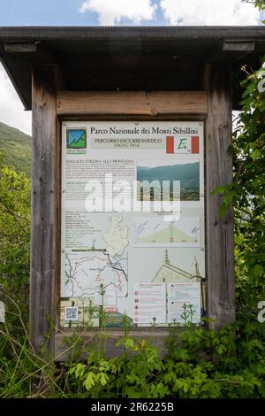 Information board in Sibillini National Park (Parco Nazionale dei Monti Sibillini) about a hiking trail, Umbria, Central Italy, Europe Stock Photo