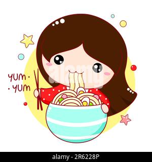 Cute little girl eat ramen noodles. Inscription Yum yum. Kawaii baby girl are happy to eat noodles. Can be used for t-shirt, poster, greeting card des Stock Photo