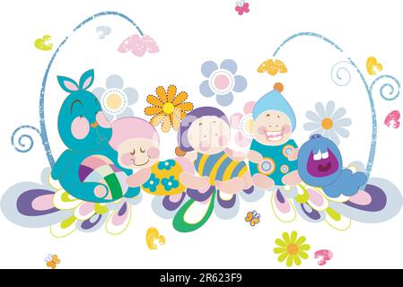 An illustration of babies and hearts and flowers. Stock Vector